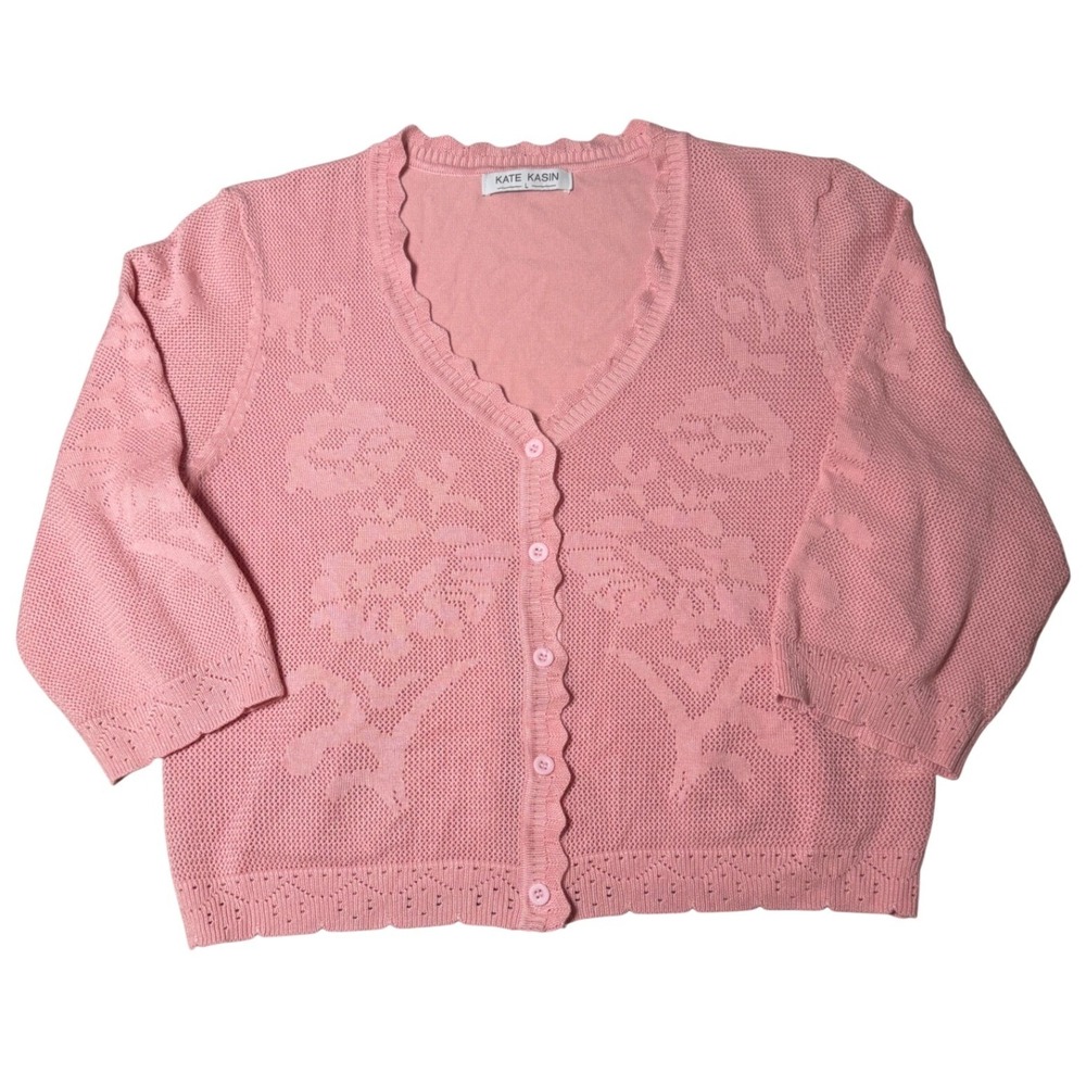 Kate Kasin Pink Floral Pointelle Knit Cardigan Scalloped Trim 3/4 Sleeve Large